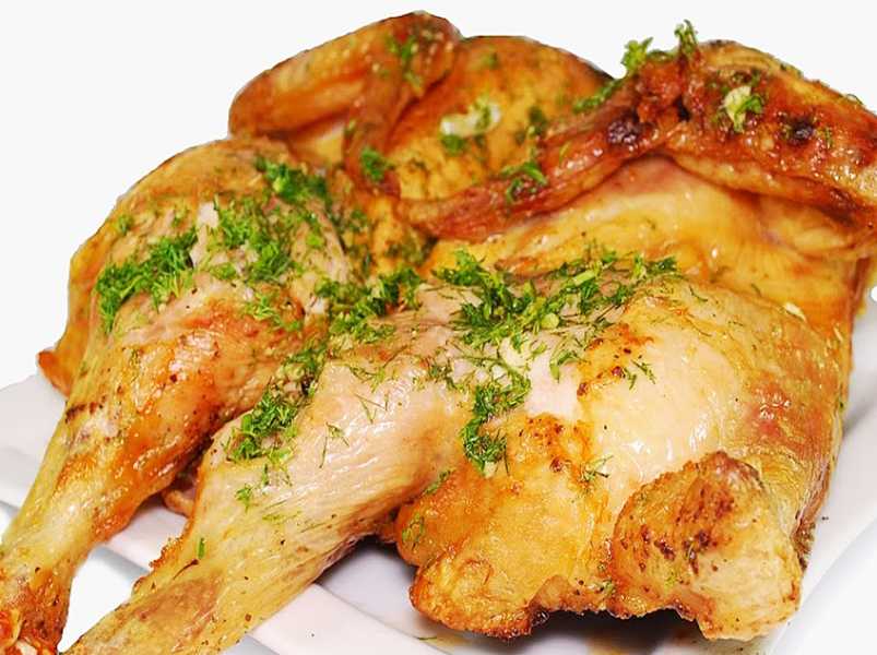 цыплята табака с луком и майонезом.